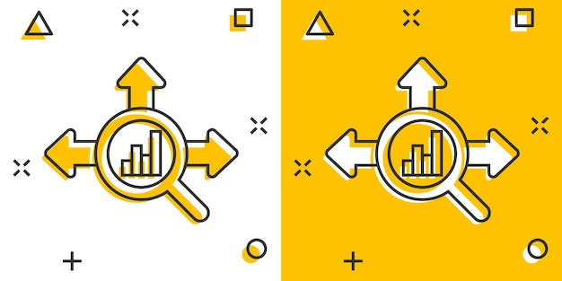 Markttrend-Symbol im Comic-Stil Wachstumspfeil mit Lupen-Cartoon-Vektorillustration auf weißem, isoliertem Hintergrund Erhöhen Sie das Geschäftskonzept mit Splash-Effekt