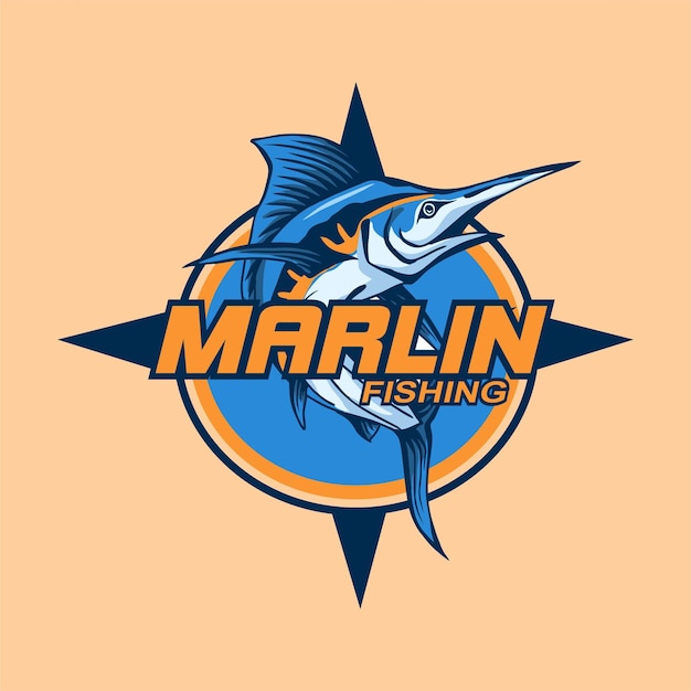 Vektor marlin-fischerei-logo-vektor-illustration, die aus dem wasser springt, geeignet für turniere, fischerei-shop