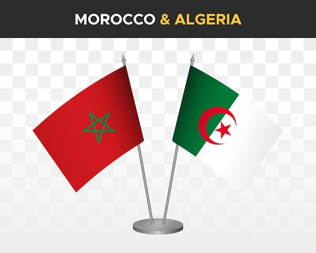 Marokko vs algerien schreibtischfahnen mockup isolierte 3d-vektorillustration marokkanische tischfahnen