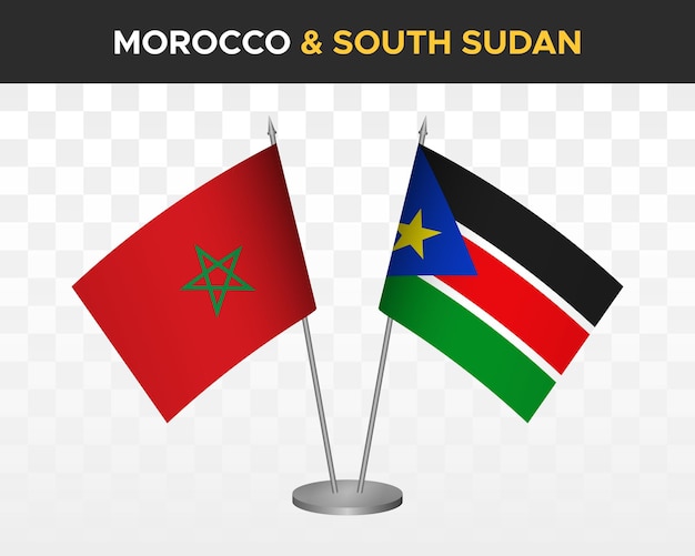 Marokko vs südsudan tischflaggen mockup isolierte 3d-vektorillustration marokkanische tischflaggen