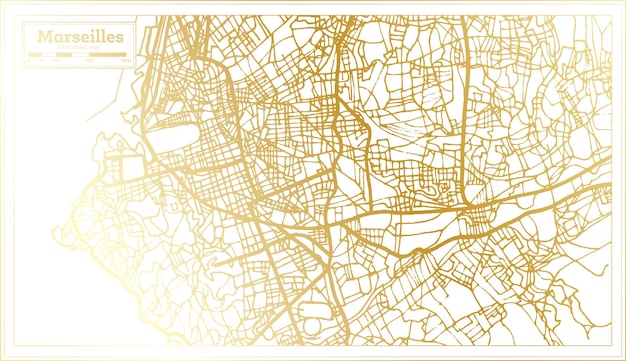 Marseille frankreich stadtplan im retro-stil in goldener farbe übersichtskarte