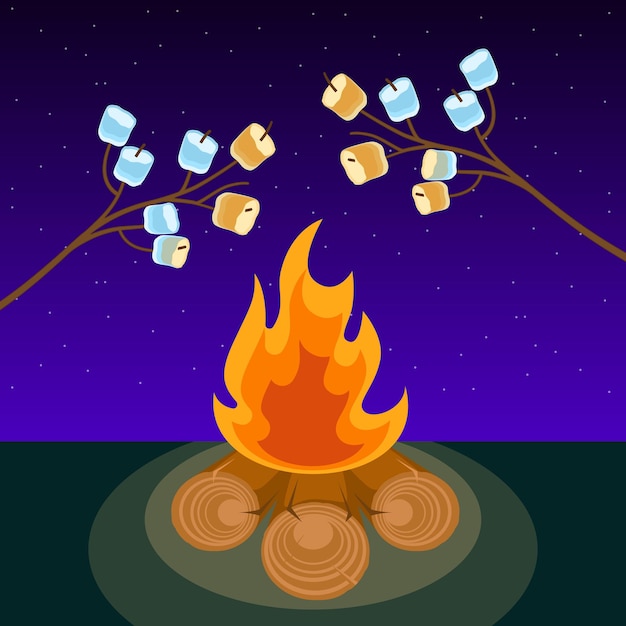 Marshmallow am Spieß, der nachts am Lagerfeuer gekocht wird, Vektorgrafik. Marshmallows ausgestreckt über einem Lagerfeuer zum Braten.