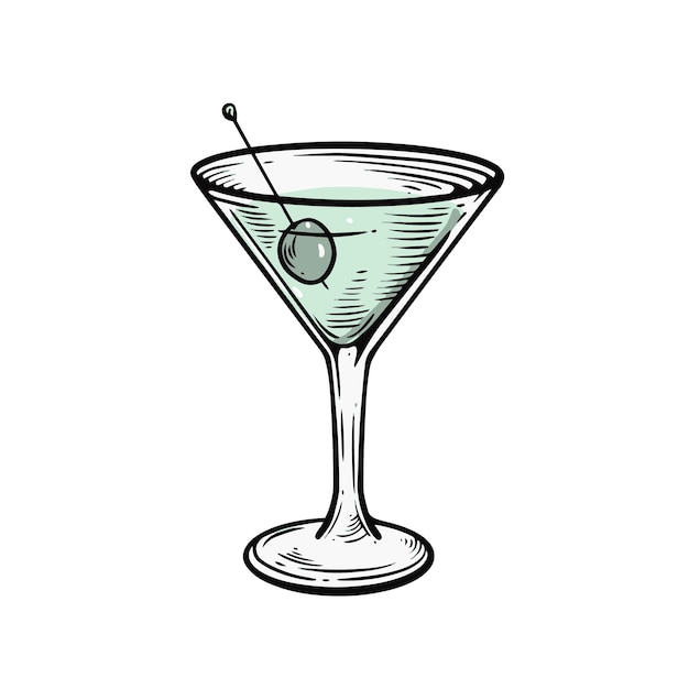 Martini-cocktail-gravur-stil handgezeichnete cartoon-vektorgrafiken.