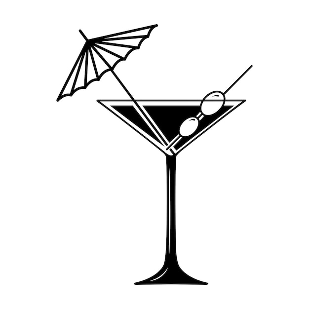 Martini-Cocktail mit Regenschirm und Oliven in klassischem Glas Schwarz-Weiß-Vektorsymbol isoliert auf weißem Hintergrund Glyphe ist ein Symbol für ein alkoholisches Getränk
