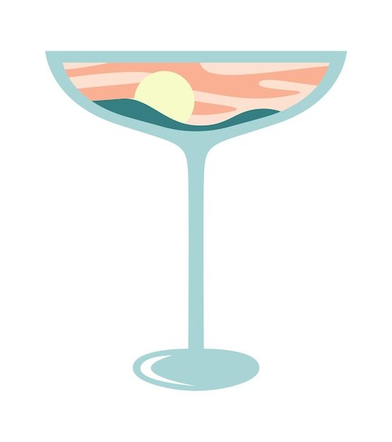 Martini-cocktailglas mit paradiesischer landschaft