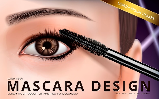 Vektor mascara-designkarte mit hellem auge und wimpern
