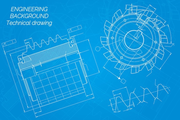 Vektor maschinenbau-zeichnungen auf blauem hintergrund schneidwerkzeuge fräsmaschine technisches design cover blueprint vektorillustration