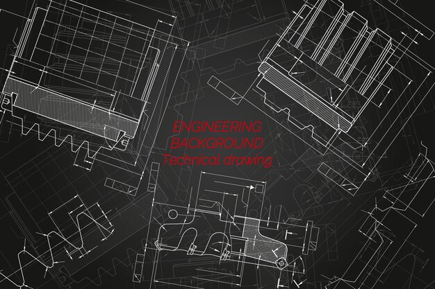 Vektor maschinenbau-zeichnungen auf schwarzem hintergrund schneidwerkzeuge fräsmaschine technisches design cover blueprint vektorillustration