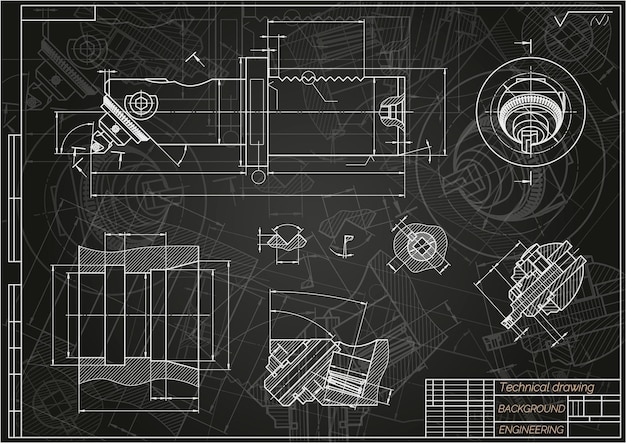 Vektor maschinenbauzeichnungen auf blauem hintergrund bohrstange mit mikrometrischer einstellung technisches design cover blaupause vektorillustration illustration