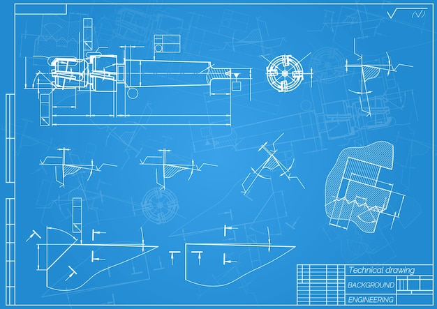 Vektor maschinenbauzeichnungen auf blauem hintergrund. tippen sie auf werkzeuge, bohrer. technisches design, cover, blaupause, vektorillustration