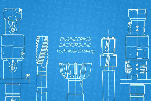 Maschinenbauzeichnungen auf blauem hintergrund. tippen sie auf werkzeuge, bohrer. technisches design, cover, blaupause, vektorillustration