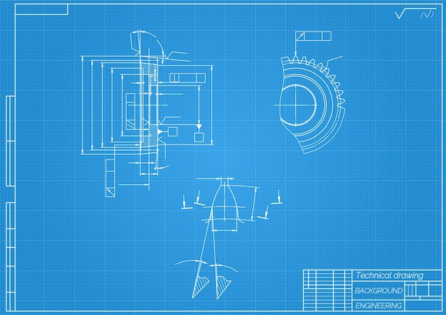 Maschinenbauzeichnungen auf blauem hintergrund verzahnungswerkzeug technisches design cover blaupause vektorillustration