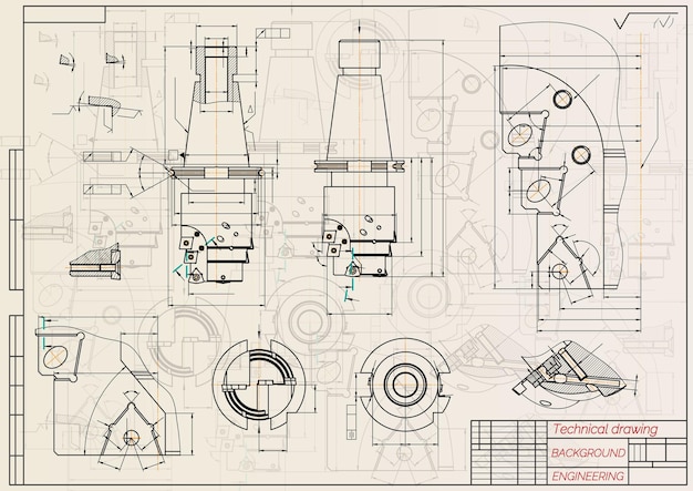 Vektor maschinenbauzeichnungen auf sepia-hintergrund. tippen sie auf werkzeuge, bohrer. technisches design, cover, blaupause, vektorillustration