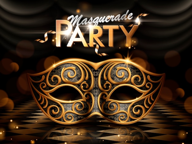 Maskerade-Partyplakat, attraktive Augenmaske mit goldenem Rahmen auf dunklem Bokeh-Hintergrund in der Illustration