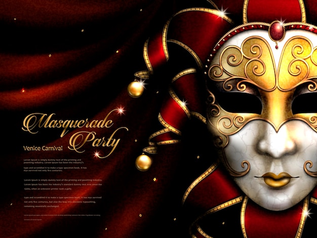 Maskerade-Partyplakat, exquisite Karnevalsmaske mit goldener Augenmaske und dekorativen Elementen einzeln auf scharlachrotem Vorhang in 3D-Darstellung