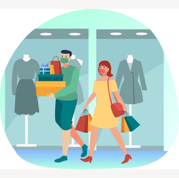 Vektor maskiertes paar kauft zusammen in einem einkaufszentrum während der neuen normalen illustration ein