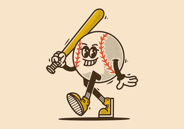Maskottchen-charakterdesign eines baseballballs, der einen stock hält