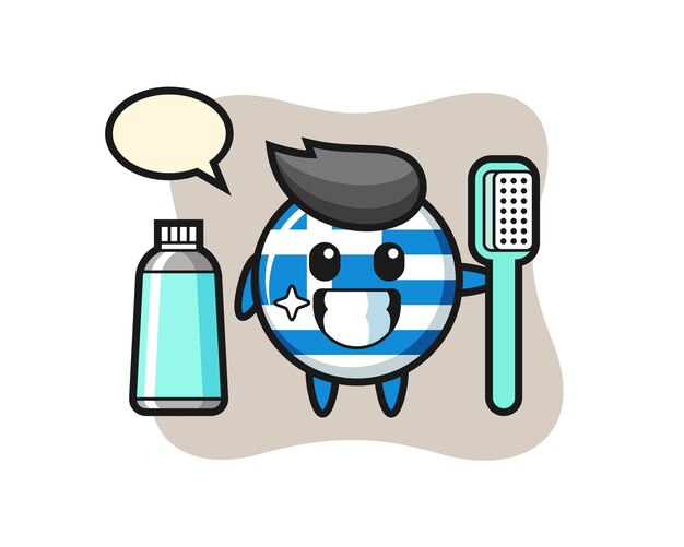 Maskottchen illustration des griechischen flaggenabzeichens mit einer zahnbürste