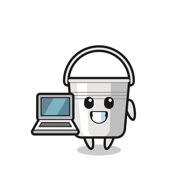 Maskottchen-Illustration des Metalleimers mit einem Laptop