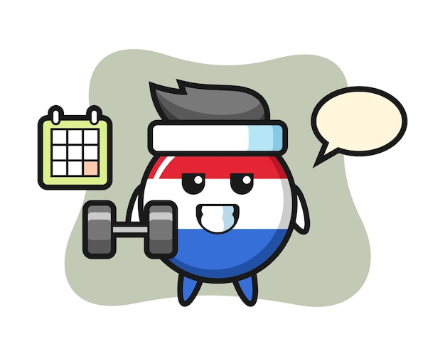 Maskottchen-karikatur des niederländischen flaggenabzeichens, das fitness mit hantel tut