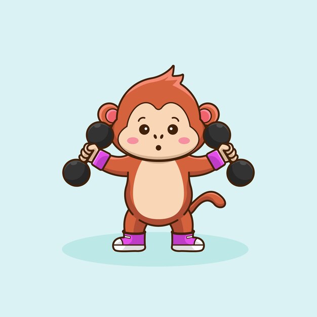 Vektor maskottchen-logo affe hebt hantel gym workout maskottchen süßer aufkleber im cartoon-stil