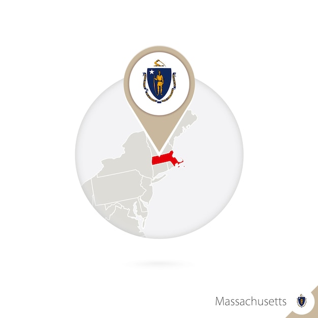 Massachusetts us state karte und flagge im kreis. karte von massachusetts, massachusetts-flaggenstift. karte von massachusetts im stil des globus. vektor-illustration.