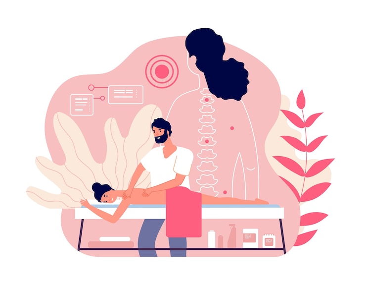 Vektor massage frau genießt entspannendes spa professionelle behandlung von körper- und muskelschmerzen mit arzt vektorkonzept für wellness und gesundheitswesen körpermassage und spa-wellness medizinische chiropraktiker-illustration