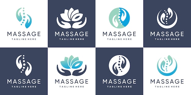 Vektor massage-logo-design-kollektion für natürliche therapie mit kreativem element premium vector