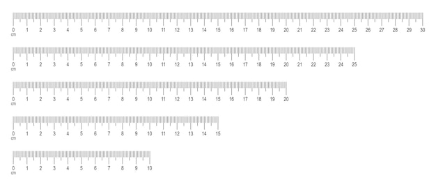 Maßstab des lineals mit zahlensatz horizontales messdiagramm mit 30 25 20 25 10 zentimeter markup