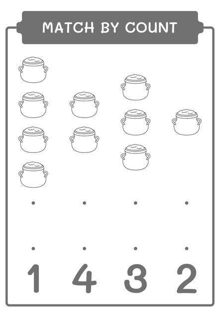 Match by count of cauldron-spiel für kinder vektor-illustration druckbares arbeitsblatt