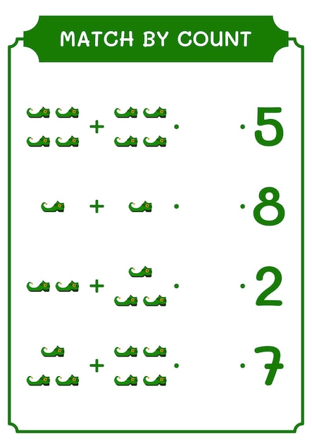 Match by count of leprechaun boot game for children vektorillustration druckbares arbeitsblatt