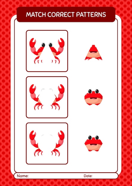 Match-muster-spiel mit krabben-arbeitsblatt für kinder im vorschulalter aktivitätsblatt