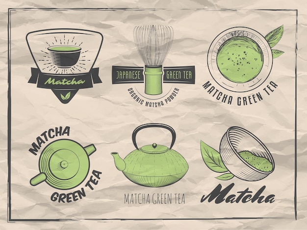 Vektor matcha-etiketten japanische grüne tee-abzeichen vektor-logos auf vintage-papier-hintergrund