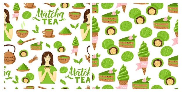 Matcha-grüntee nahtlose japanische mustersammlung mit matcha-pulverschale teekannecupcake