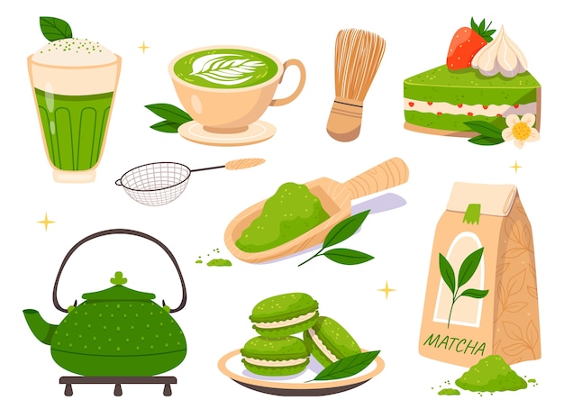 Matcha-Tee-Ikonen im flachen Design