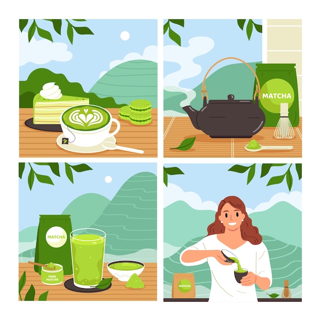 Vektor matcha-tee-illustrationen im flachen design