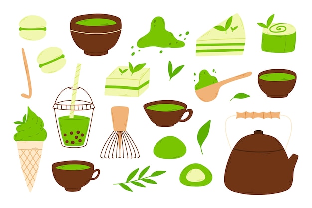 Matcha-Teebecher mit Matcha und grünen Teeblättern Vektorillustration Natürlicher grüner Tee Grüntee-Set Matcha-Kollektion