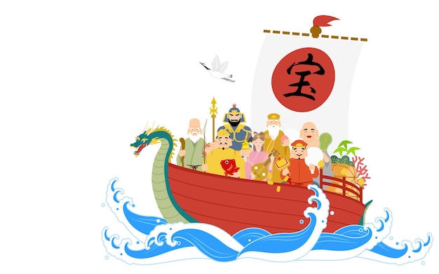 Material im japanischen Stil: Sieben Glücksgötter, Schatzboot und Glücksgott