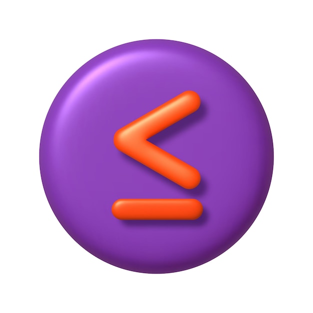 Math 3d-symbol orange arithmetik kleiner oder gleich zeichen auf lila runden knopf 3d realistisches design