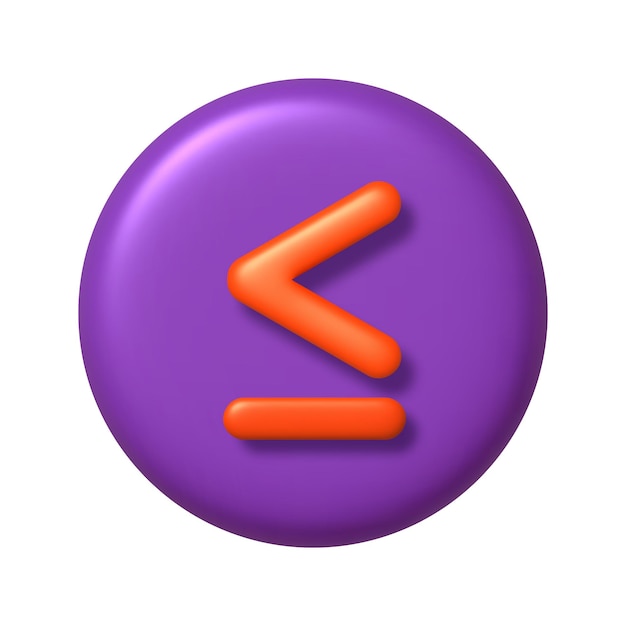 Math 3D-Symbol Orange Arithmetik kleiner oder gleich Zeichen auf lila runden Knopf 3d realistisches Design