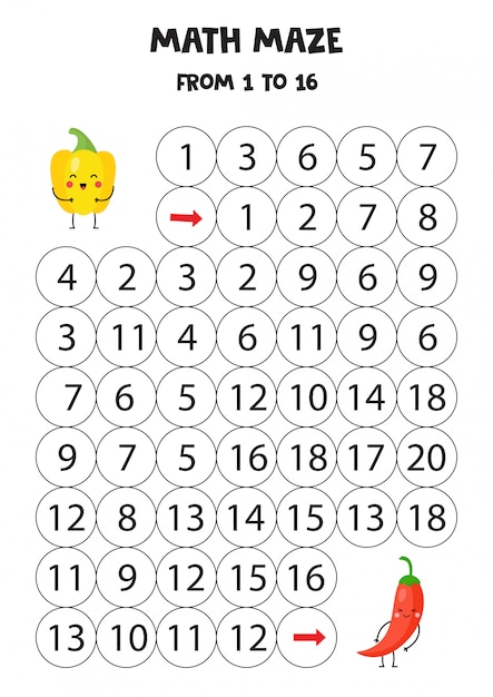 Mathe-labyrinth für kinder von 1 bis 16. süße kawaii-paprika.