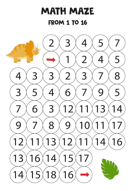 Mathe-labyrinth mit niedlichem trice raptor dinosaurier und tropischem blatt. bildungsarbeitsblatt. zähle von 1 bis 16.