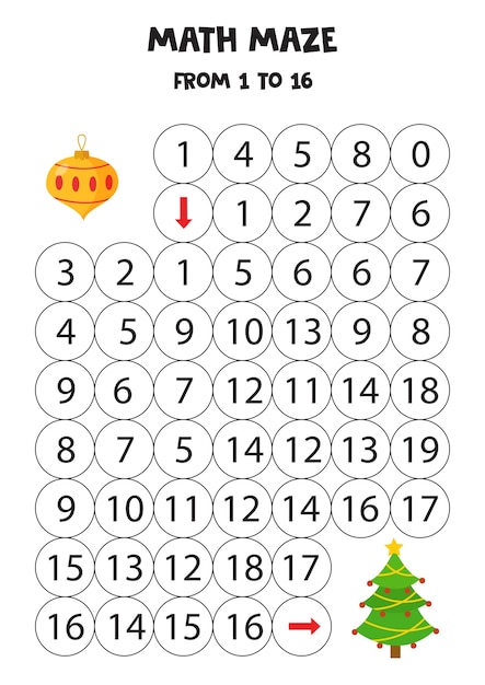 Mathe-labyrinth mit weihnachtsbaum und geschenkball bildungsarbeitsblatt anzahl von bis