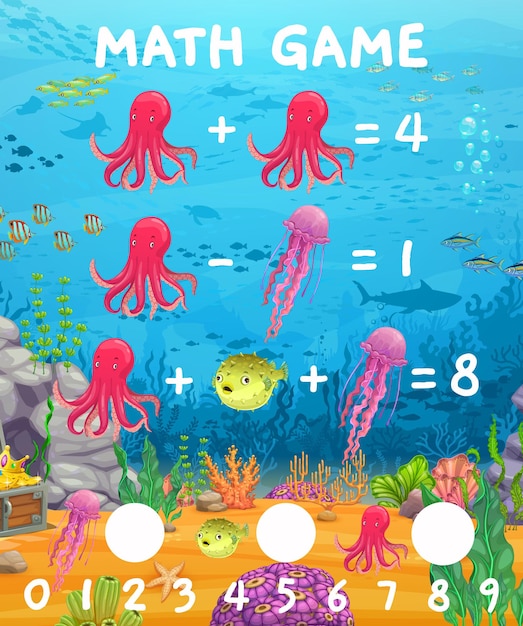 Vektor mathe-spiel arbeitsblatt cartoon meerestiere und fische