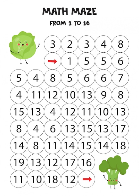 Mathe-spiel von 1 bis 16. süßer kawaii-kohl geht an den kawaii-brokkoli.