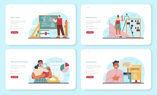 Mathematiker-Webbanner oder Landingpage-Set. Mathematiker verwenden Formeln und Diagramme, um neue Berechnungen zu recherchieren und zu formulieren. Mathematische Analyse und Berechnung von Vermutungen. Flache Vektorgrafik