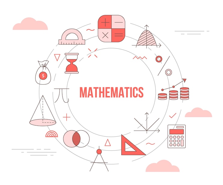 Vektor mathematikkonzept mit symbolsatzschablonenfahne mit modernem orangefarbenem farbstil und kreisrundformillustration