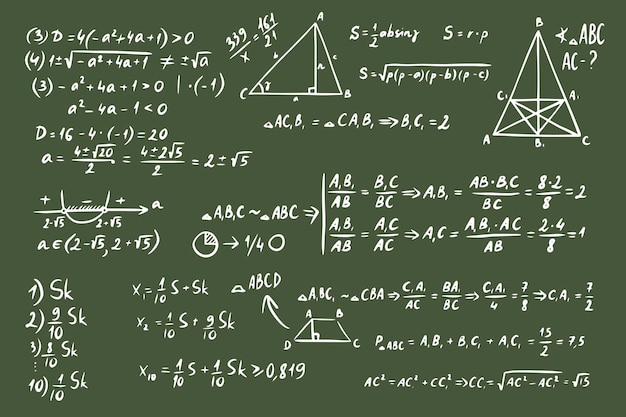 Vektor mathematische algebra-wissenschaftsformeln kritzeln gleichungen und grafikzeichen mathematik-geometrie