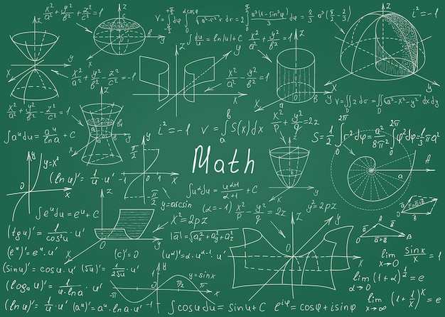 Mathematische Formeln eigenhändig gezeichnet auf eine grüne Tafel für den Hintergrund