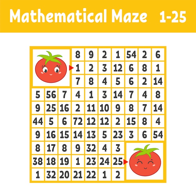 Mathematisches farbiges quadratisches labyrinth. helfen sie einer tomate, zu einer anderen zu gelangen.